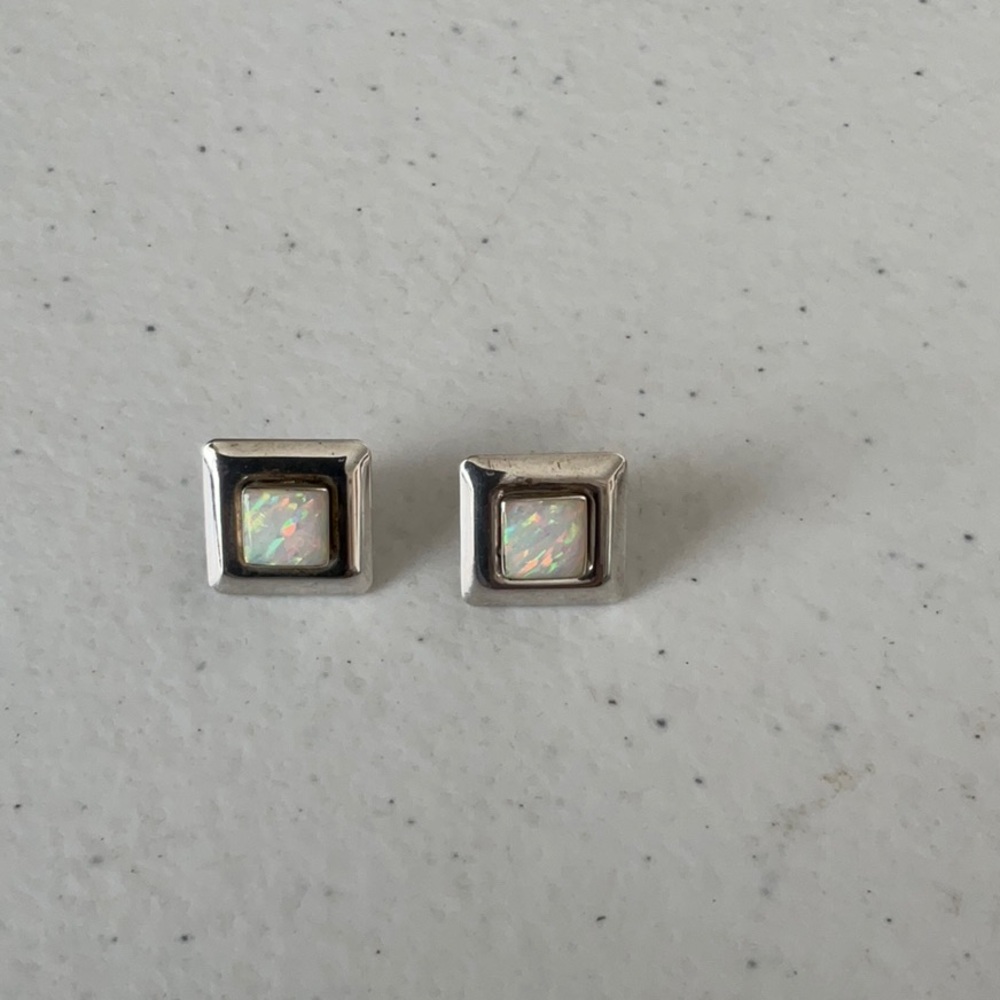Silver Opal Square Stud Earrings - image 2